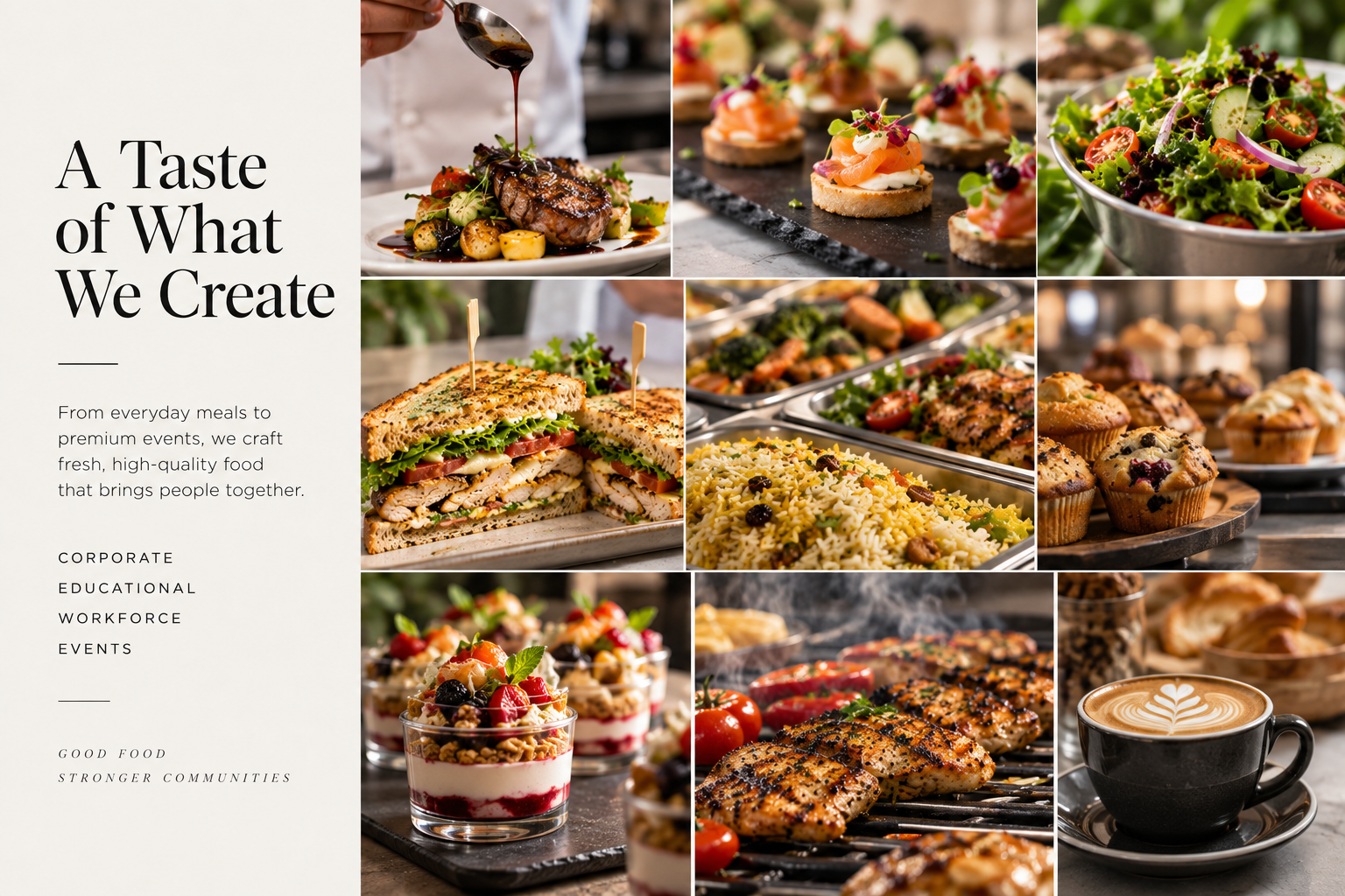 A collage of LIFE catering dishes — grilled meats, canapés, salads, sandwiches, buffet trays, desserts, pastries and coffee