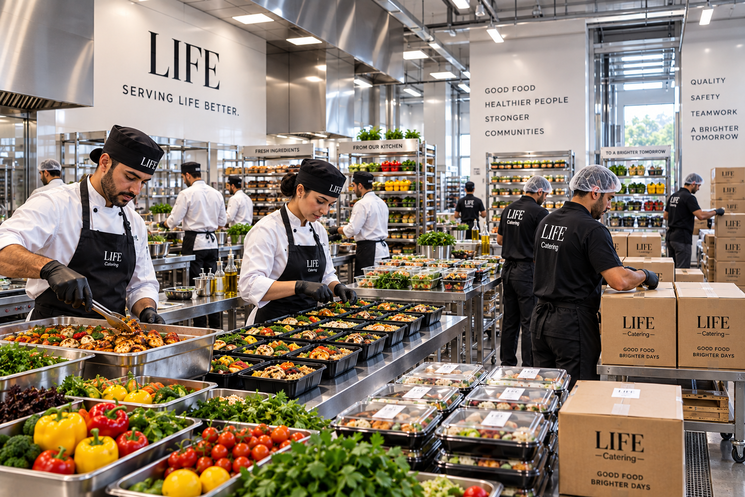LIFE central kitchen — chefs preparing and packing meals