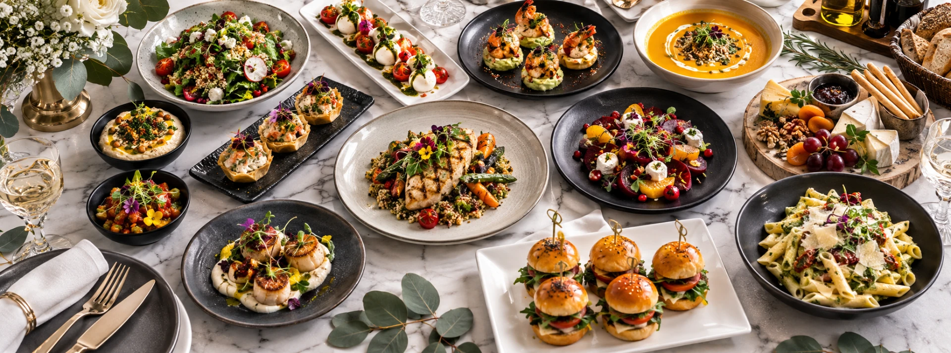 An international spread of LIFE catering dishes presented on a marble table
